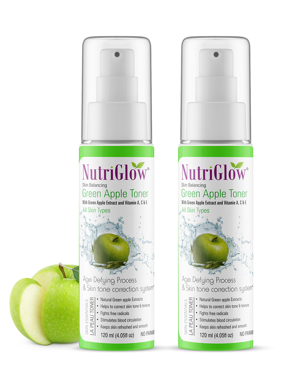 NutriGlow Set of 2 Skin Balancing Green Apple Toners - 120 ml Each