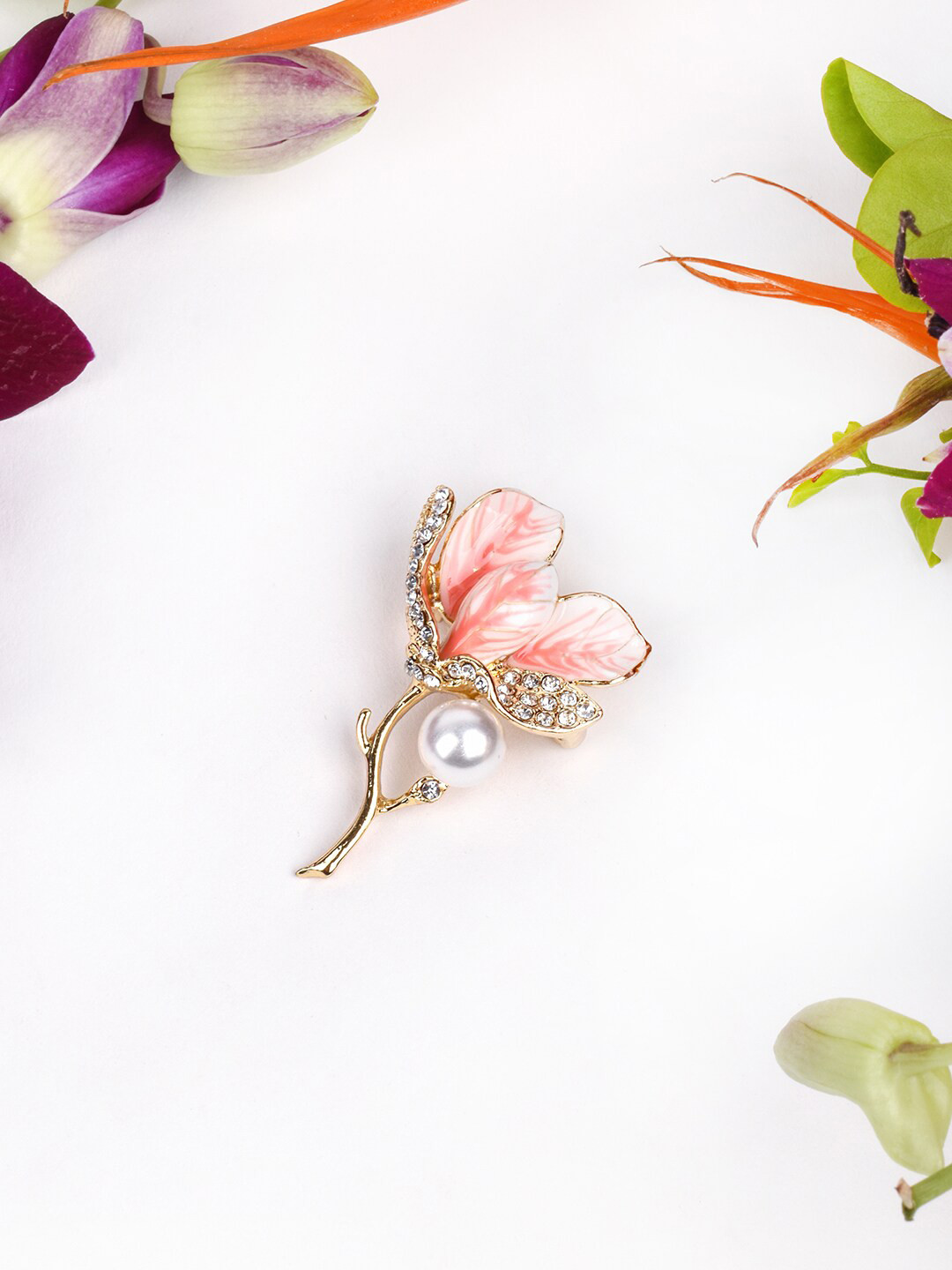 JOKER & WITCH Women Gold-Toned & Peach-Toned Tulip Rhinestone-Studded Brooch