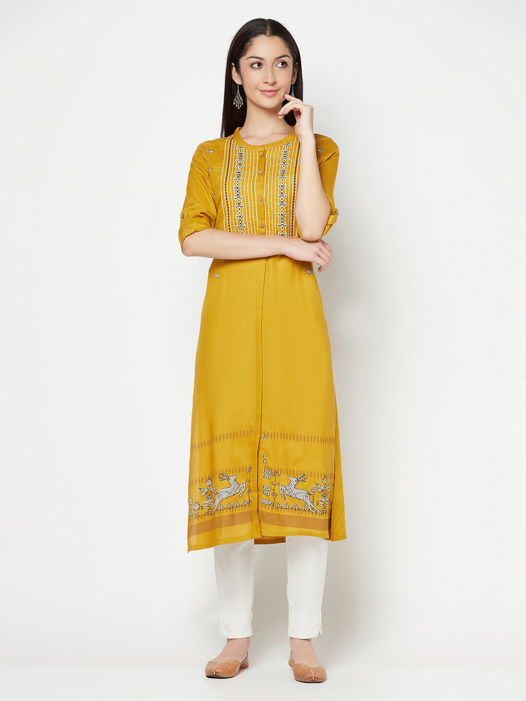 Cantabil Women Mustard Yellow & White Printed Mukaish A-Line Kurta