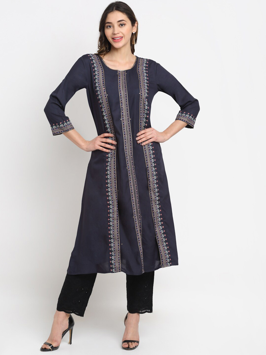 Cantabil Women Navy Blue & Beige Ethnic Motifs Printed Kurta