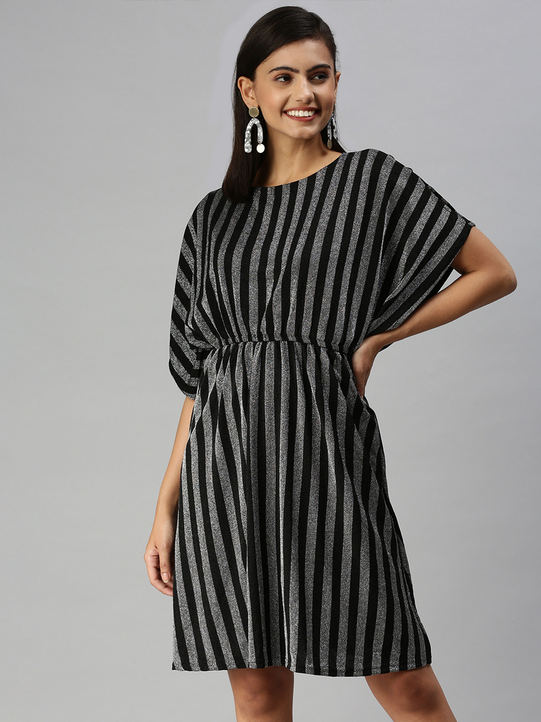 SHOWOFF Silver-Toned Striped A-Line Dress