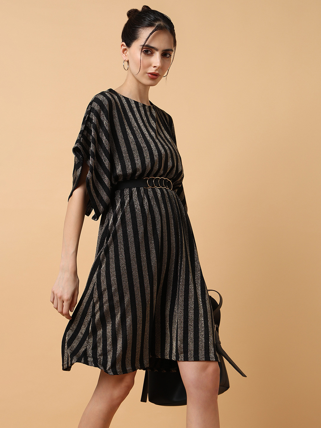 SHOWOFF Copper-Toned Striped Blouson Dress