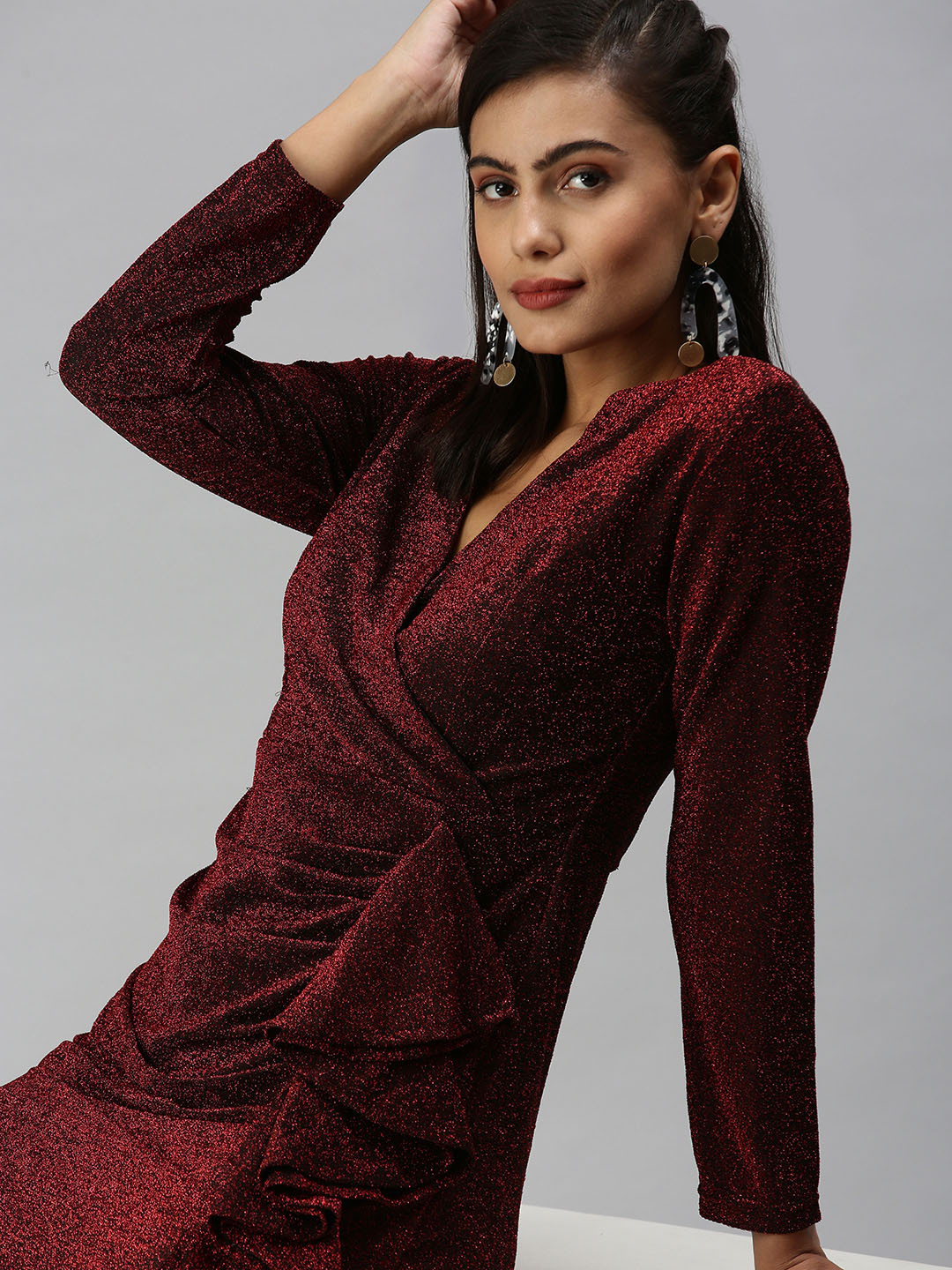 SHOWOFF Women Maroon Embellished Midi Dress