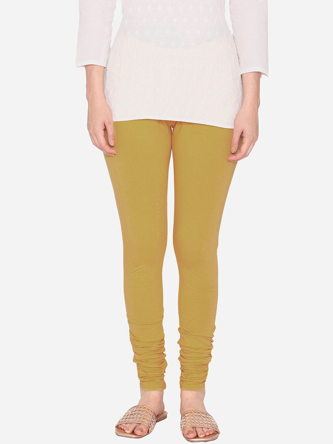 Vami Women Gold-Coloured Solid Churidar-Length Leggings