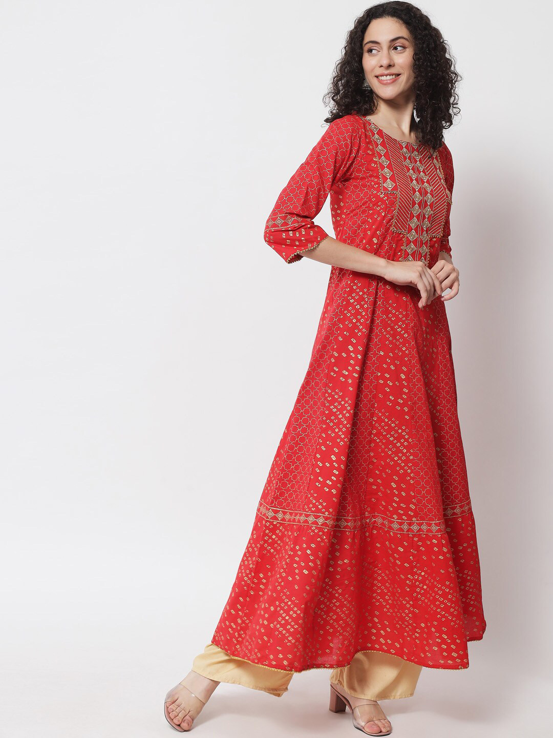 Ramas Women Red Geometric Printed Flared Sleeves Kurta