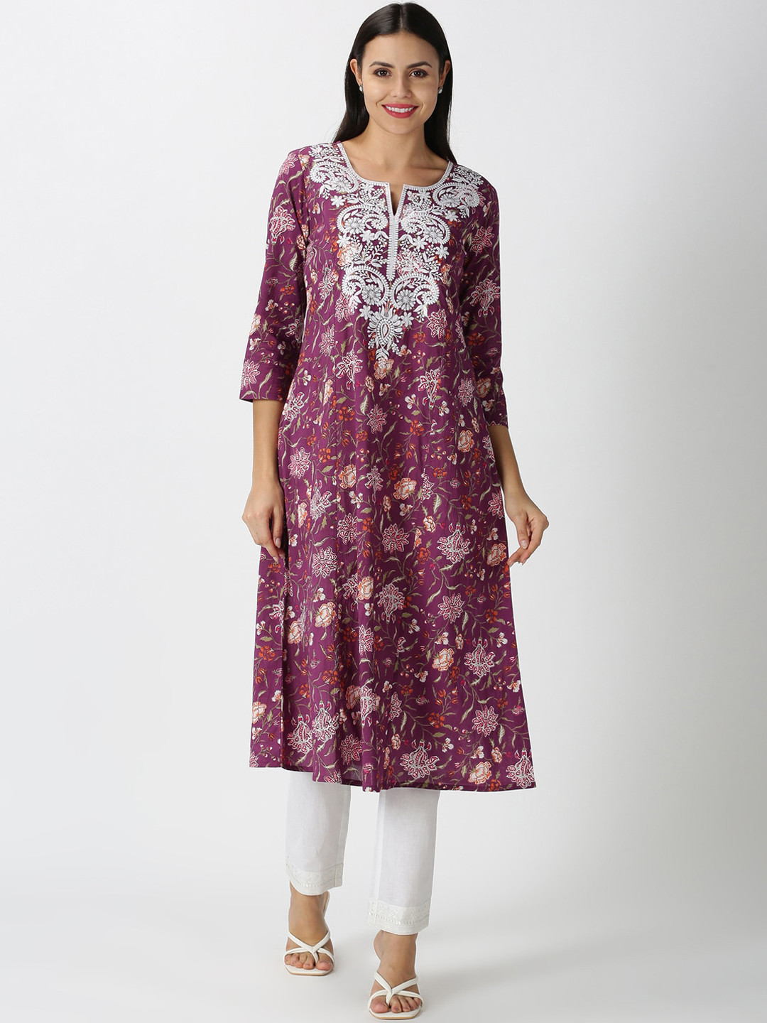 Saffron Threads Women Purple Floral A-line Kurta with Lucknowi Chikankari Embroidered Neck