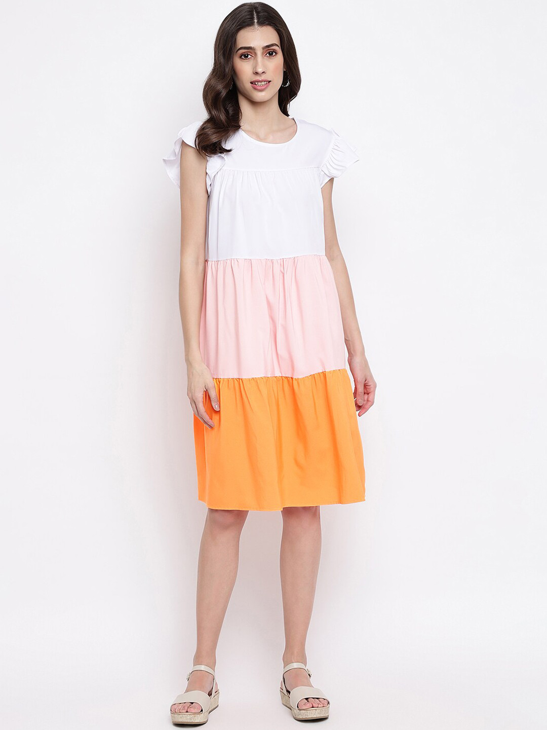 iki chic White & Pink Colourblocked Crepe A-Line Dress