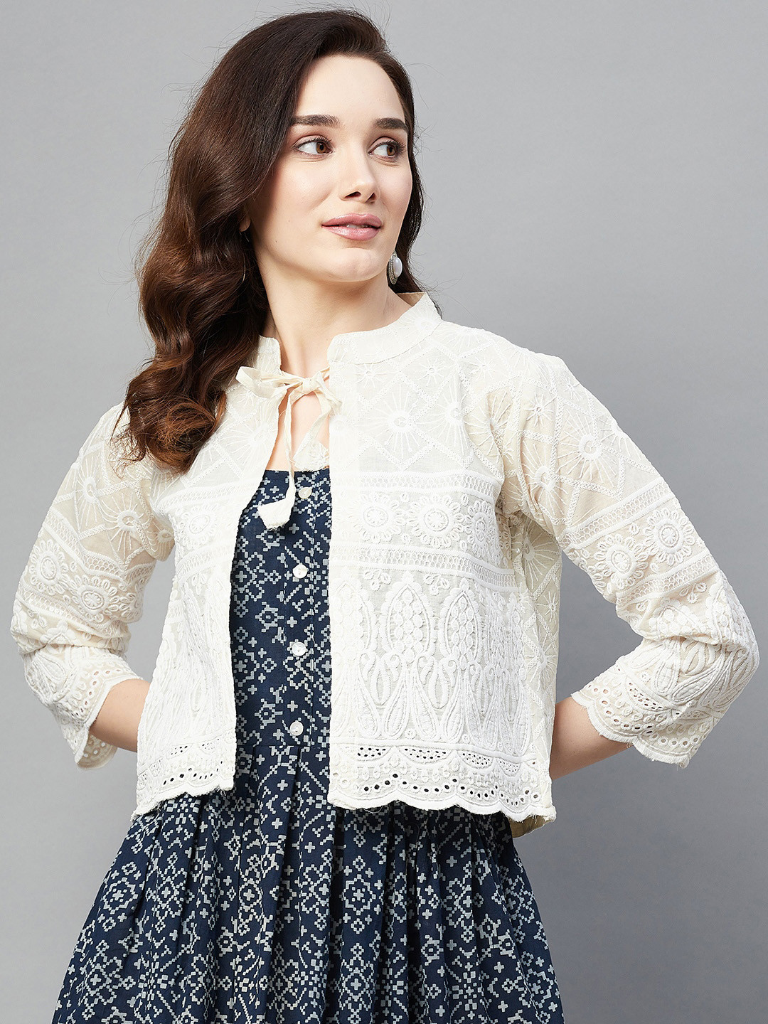 Aarika Women Off White Embroidered Crop Open Front Jacket