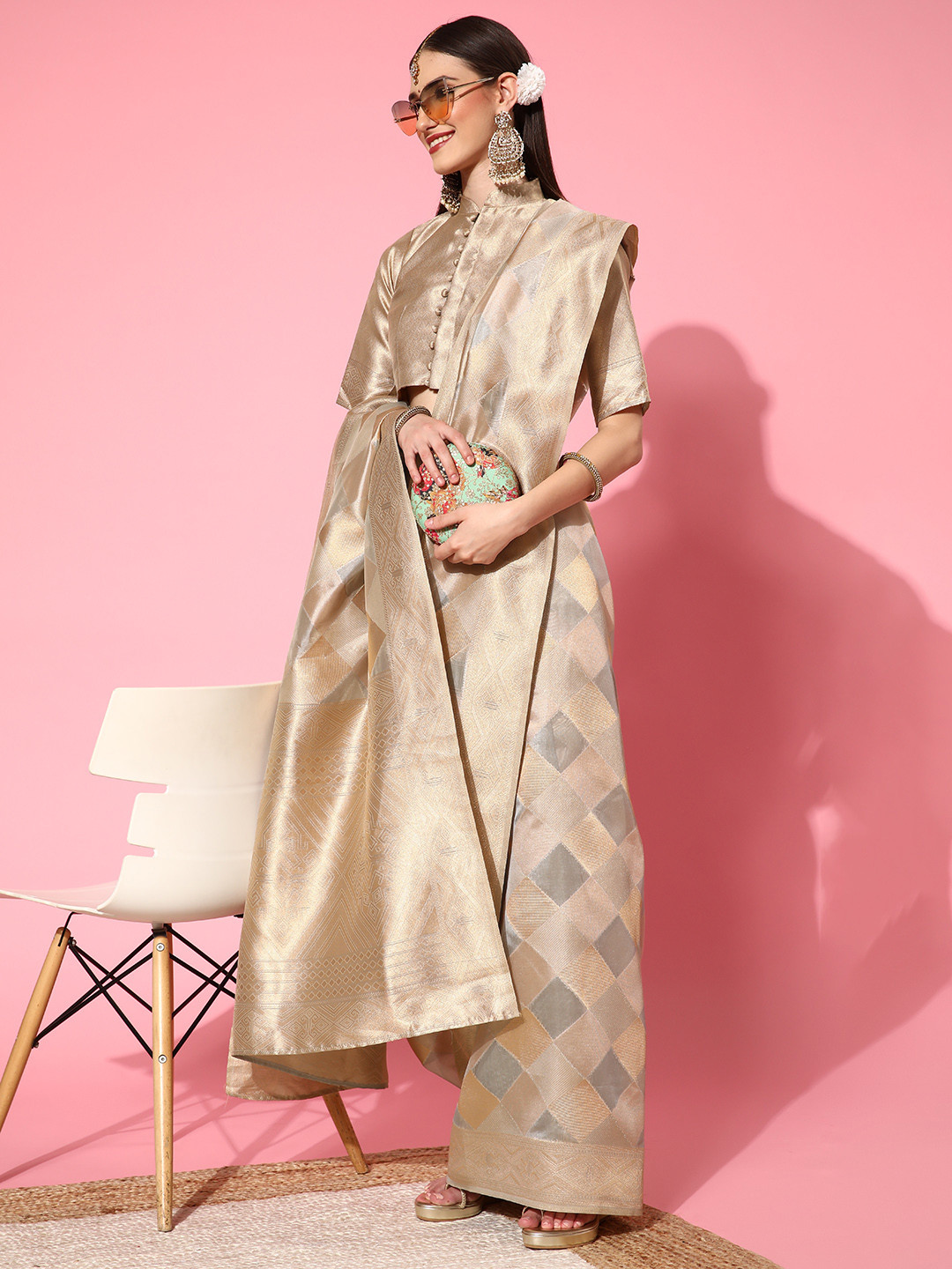 Saree mall Grey & Golden Checked Organza Sarees