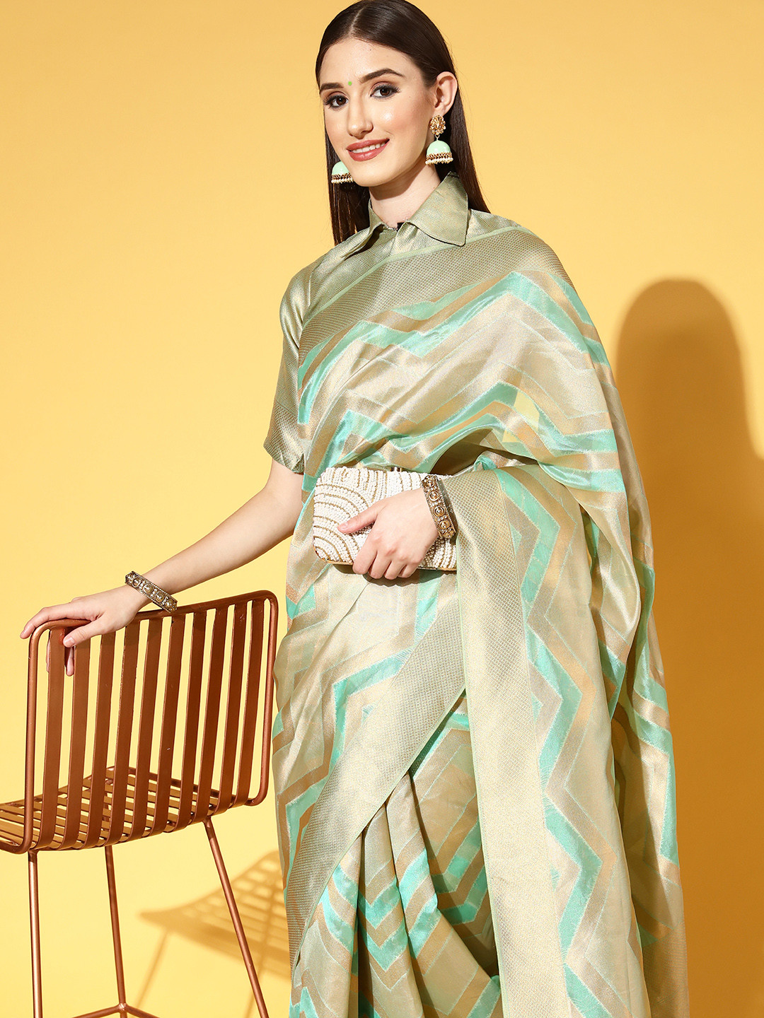 Saree mall Sea Green & Golden Striped Organza Sarees