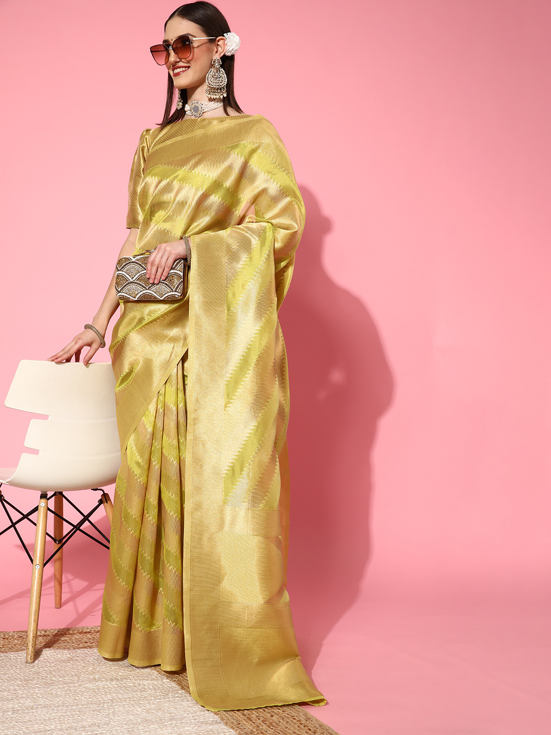 Saree mall Olive Green & Golden Woven Design Organza Sarees