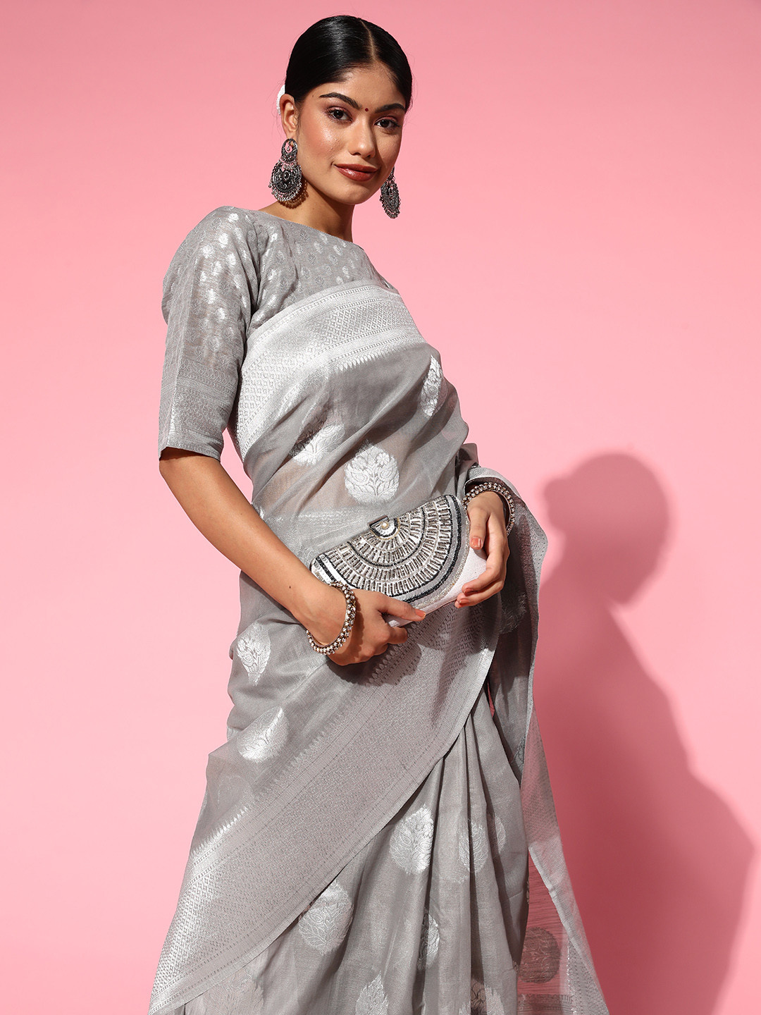 Mitera Grey Silver Poly Linen Banarasi Floral Woven Design Saree