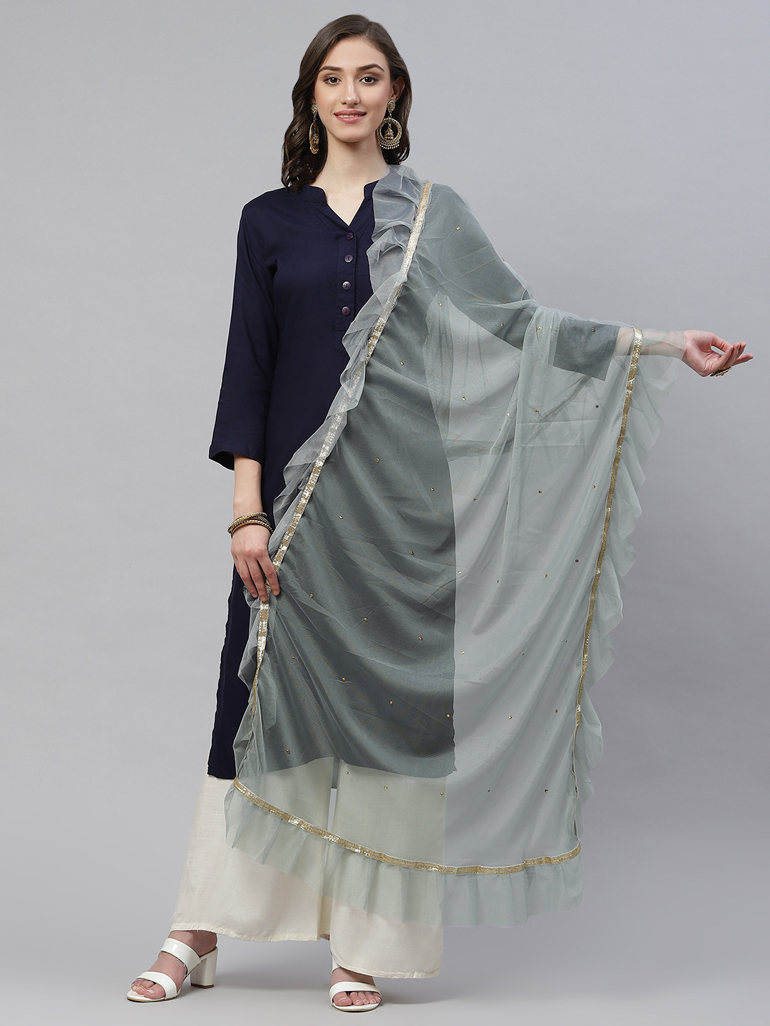 WEAVERS VILLA Grey Dupatta with Stones