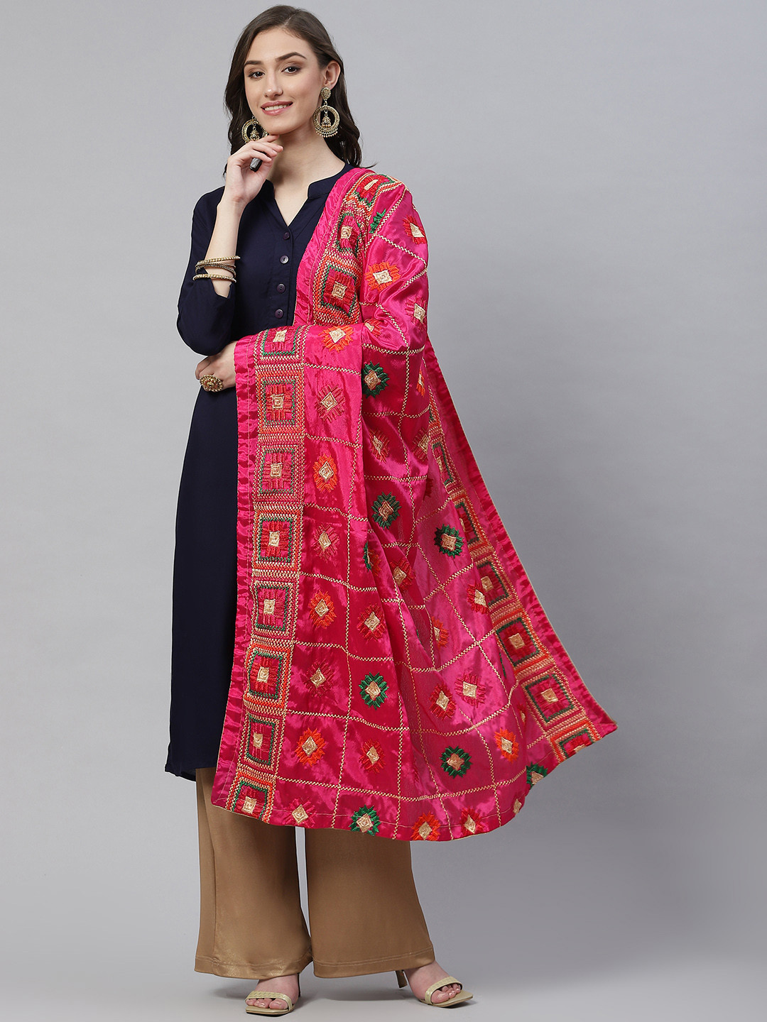 WEAVERS VILLA Magenta Ethnic Motifs Embroidered Dupatta
