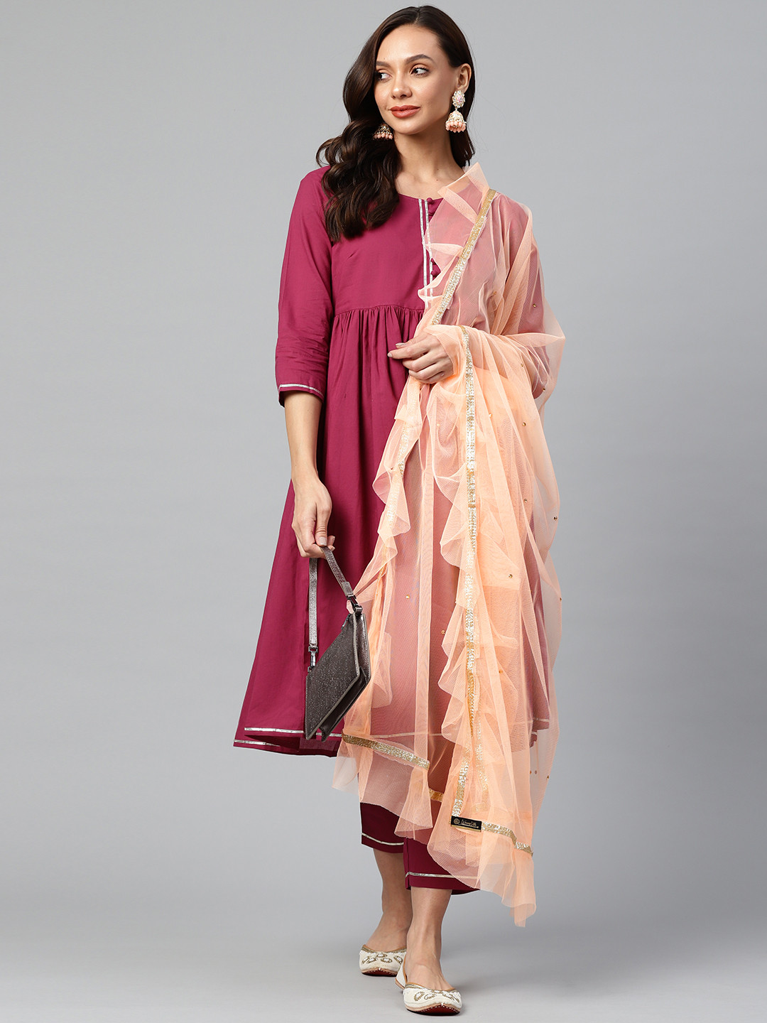 WEAVERS VILLA Peach-Coloured Dupatta with Mukaish
