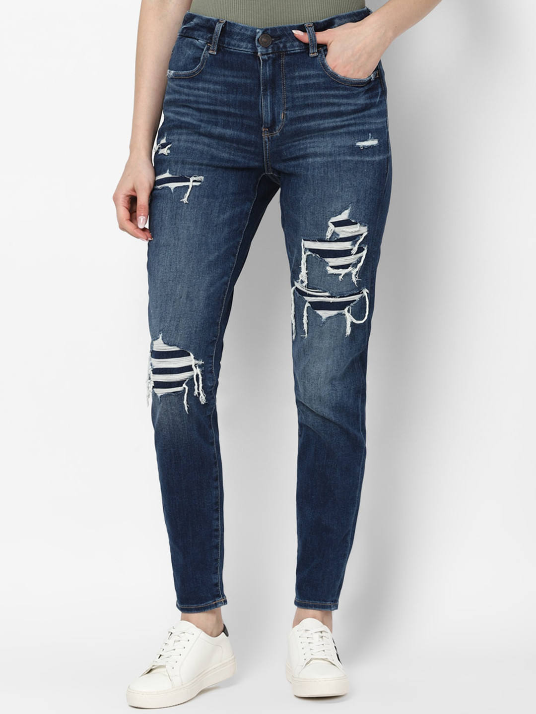 AMERICAN EAGLE OUTFITTERS Women Navy Blue Highly Distressed Light Fade Crop Jeans