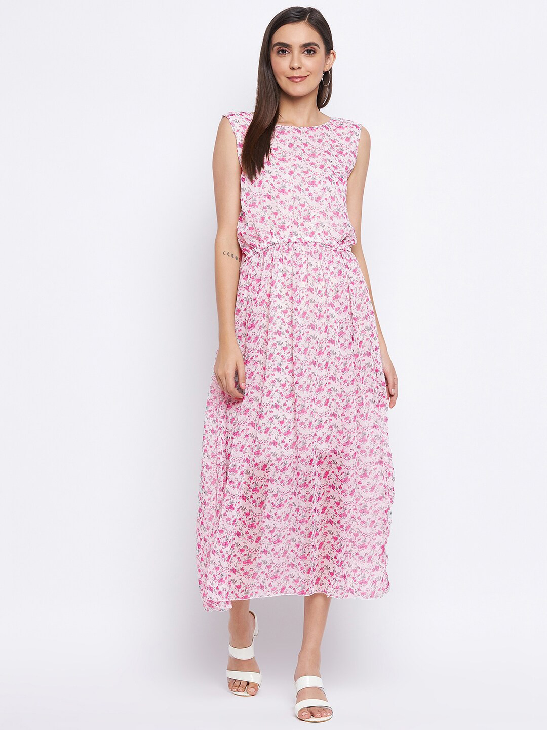 Camey White & Pink Floral Georgette Midi Dress