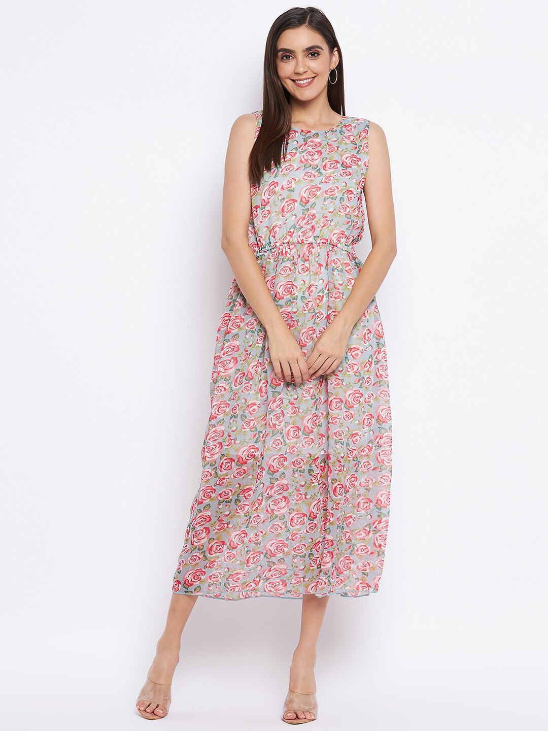 Camey Pink & Grey Floral Printed Georgette Midi Dress