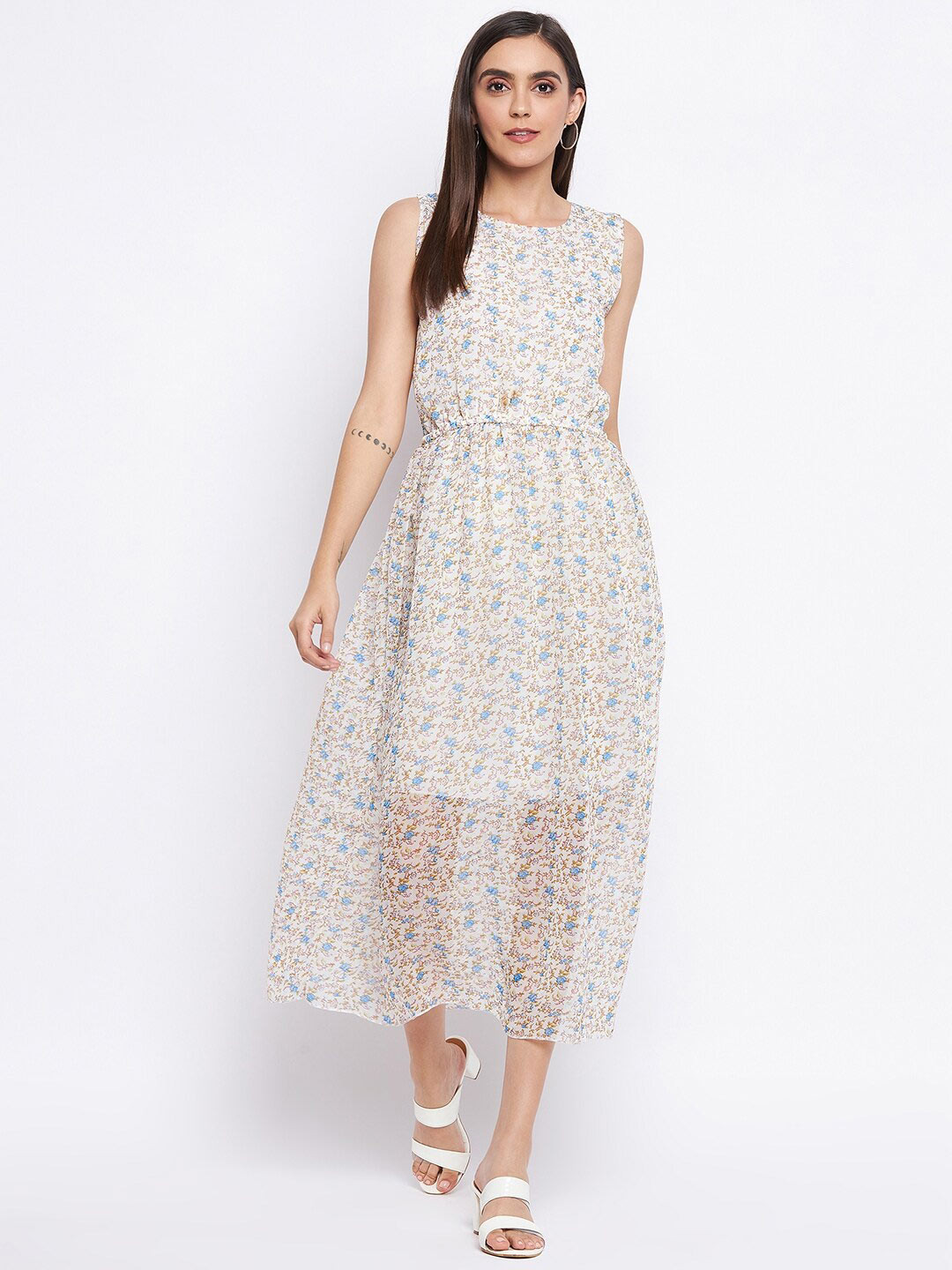 Camey White & Blue Floral Georgette A-Line Midi Dress