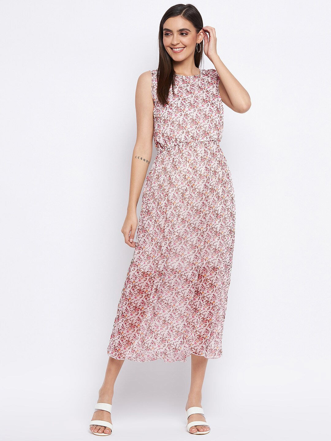 Camey Pink Floral Georgette Midi Dress