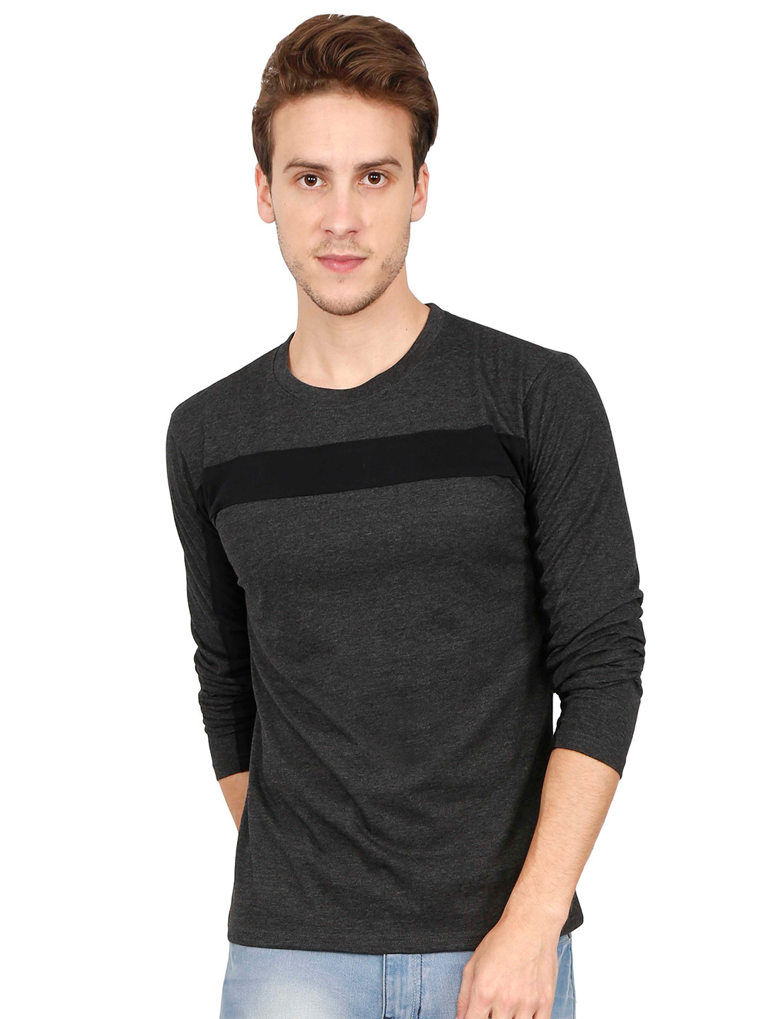 Fleximaa Men Charcoal black Color Block Full Sleeve T-Shirt