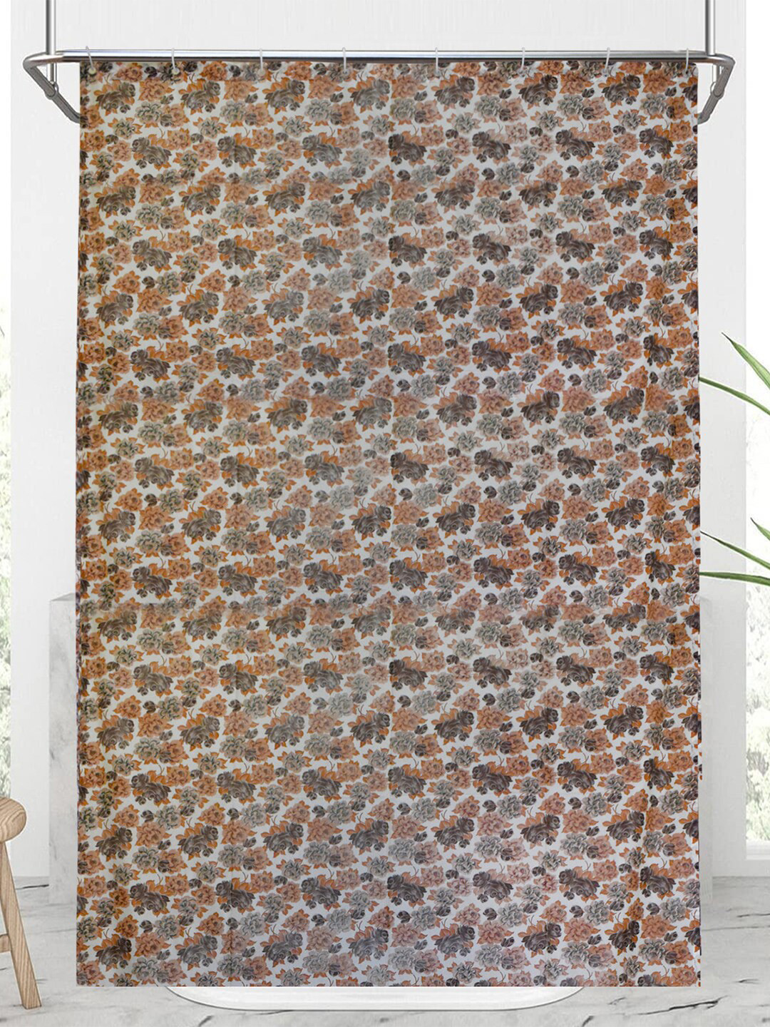 Kuber Industries Brown & Grey Printed Shower Curtain With Hooks