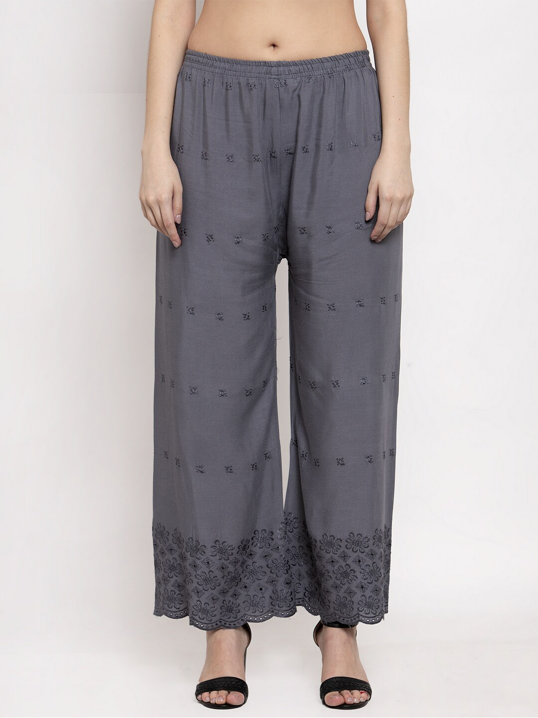 Miaz Lifestyle Women Grey Embroidered Knitted Palazzos