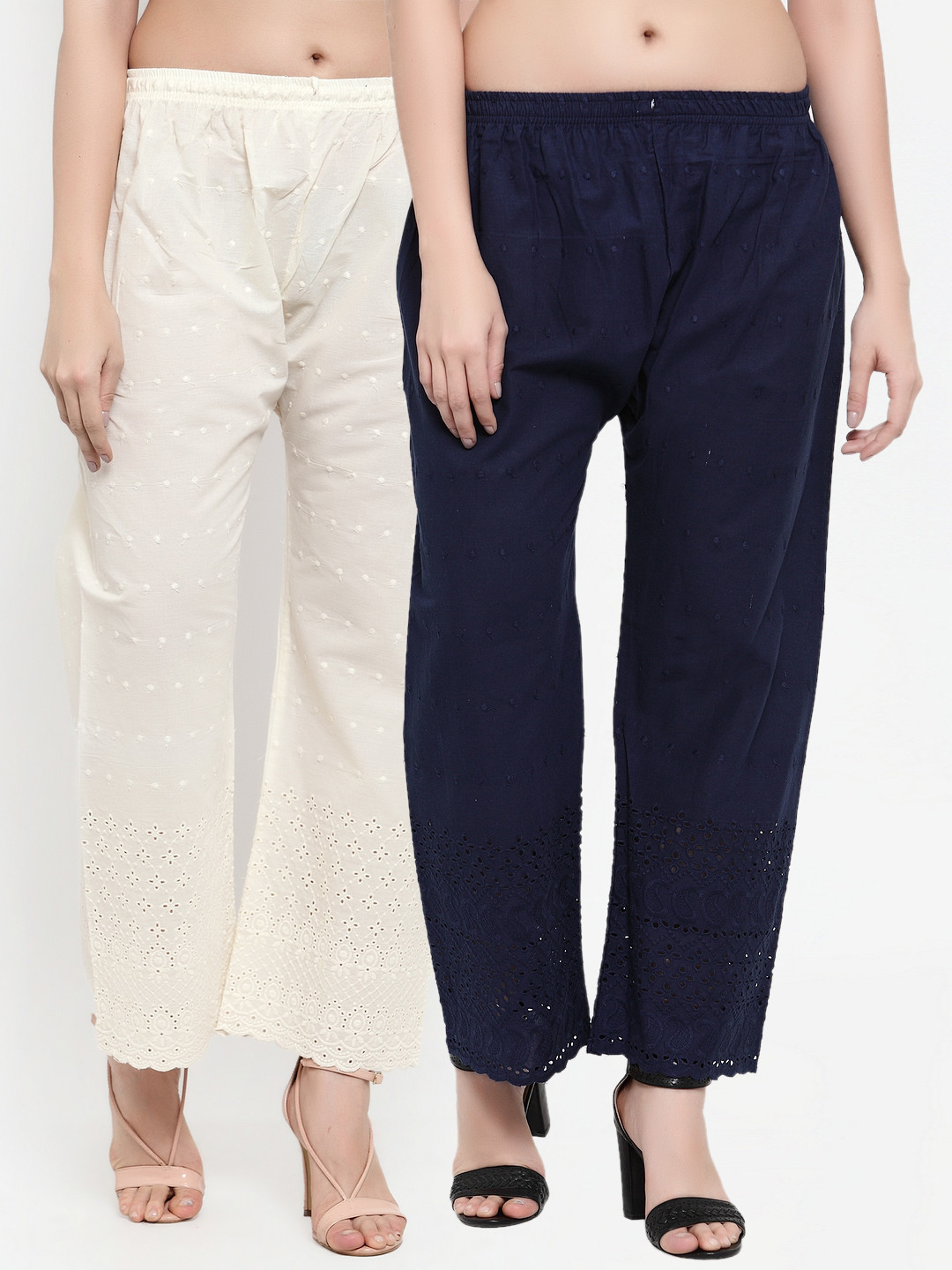 Miaz Lifestyle Women Set Of 2 Navy Blue & Off White Floral Hem Design Palazzos