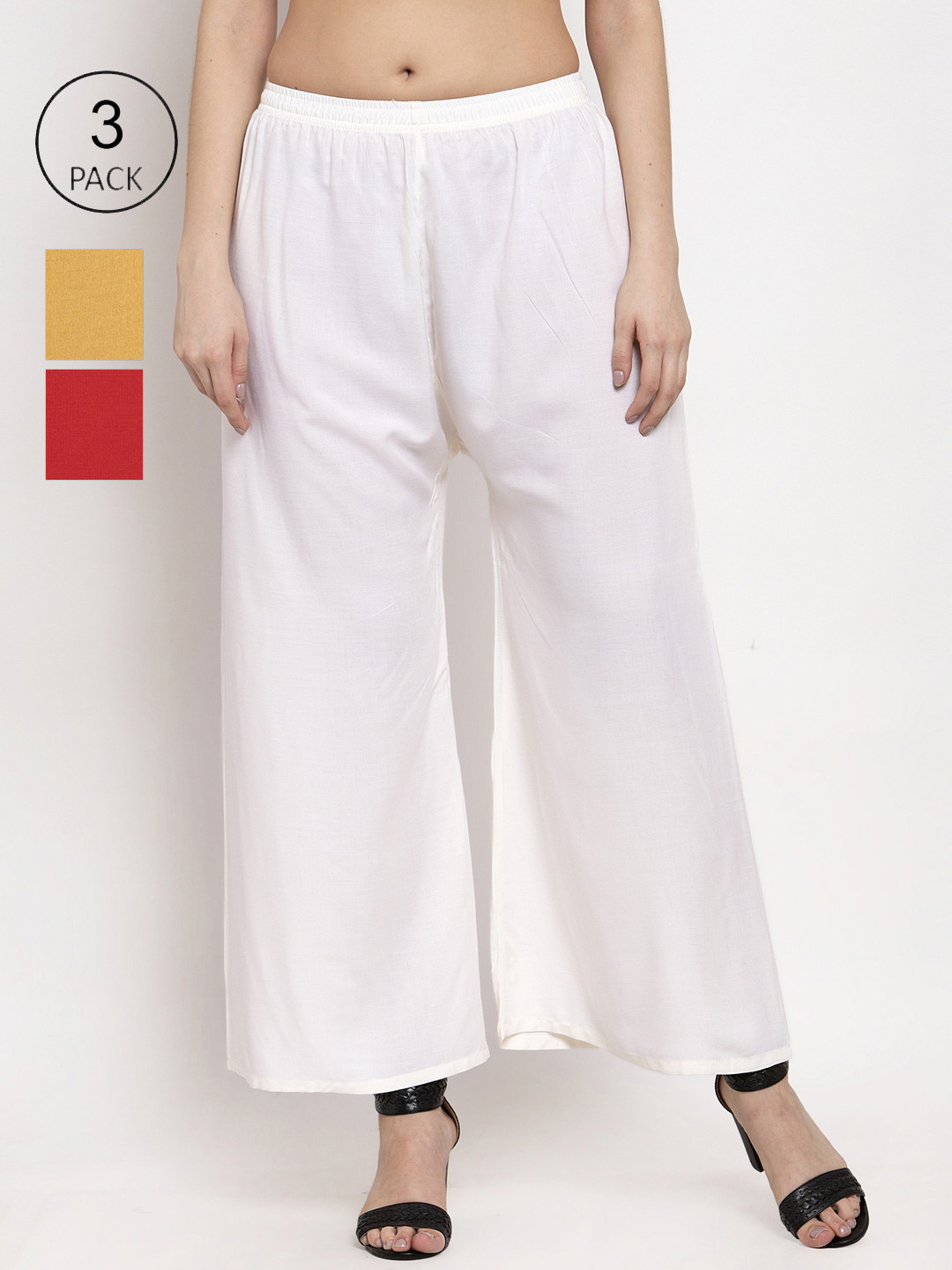 Miaz Lifestyle Women Set Of 3 Beige & Red Flared Palazzos