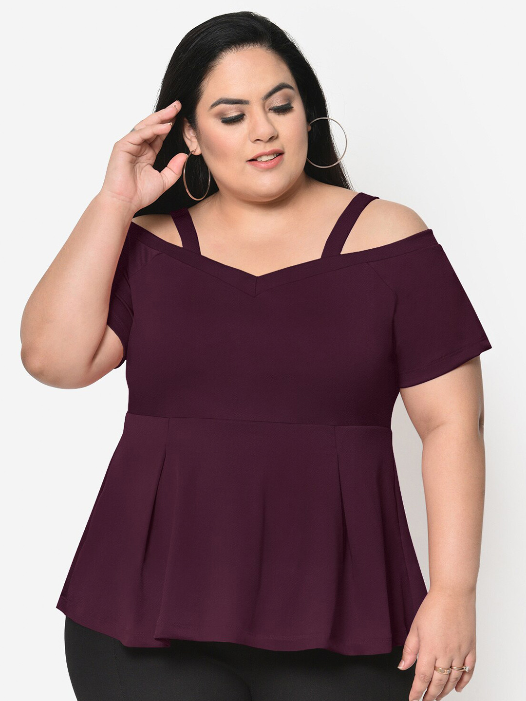 Wild U Plus Size Women Burgundy Peplum Cold Shoulder Top