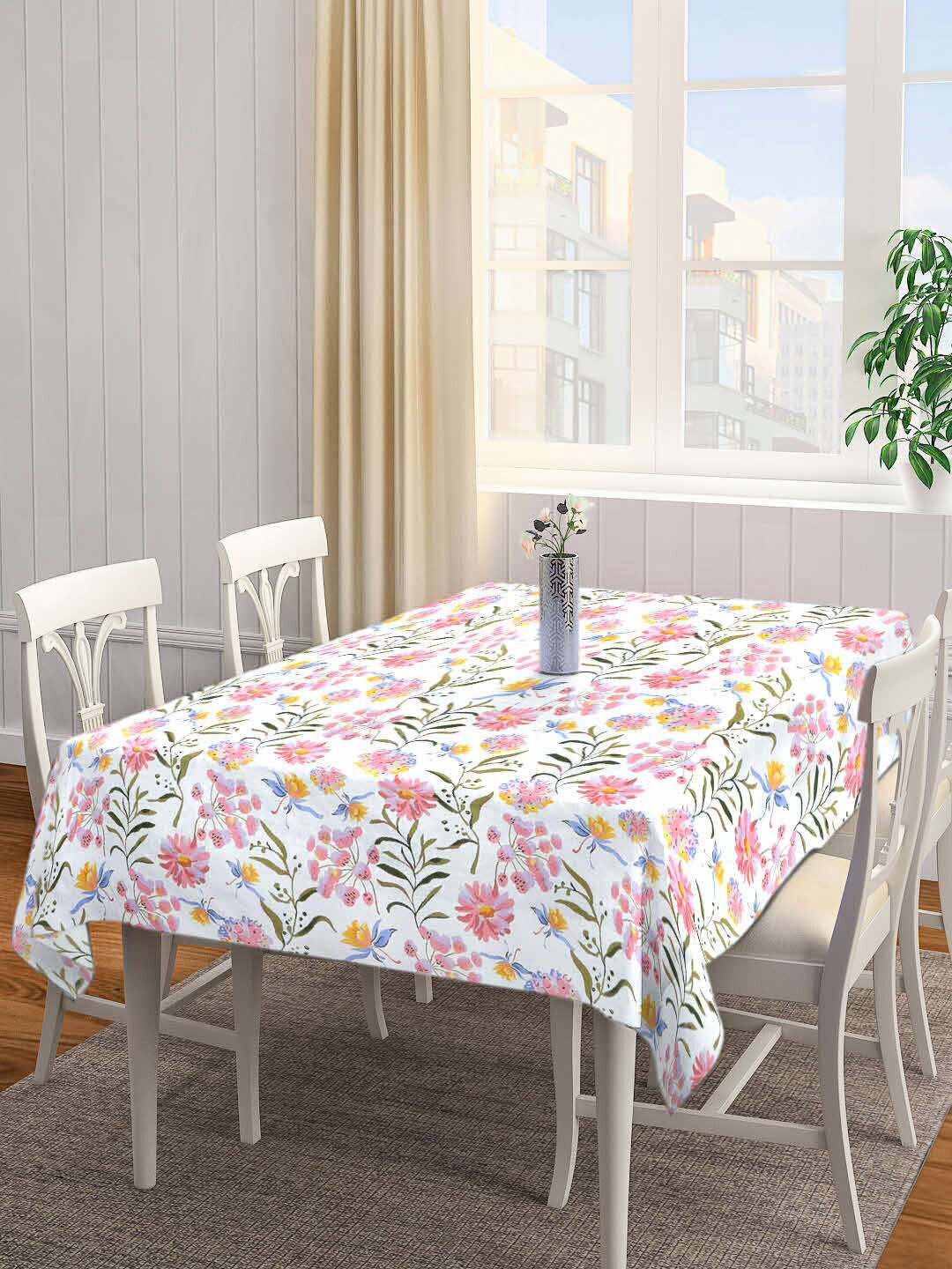 Arrabi White 6 Seater Floral Print Table Cover