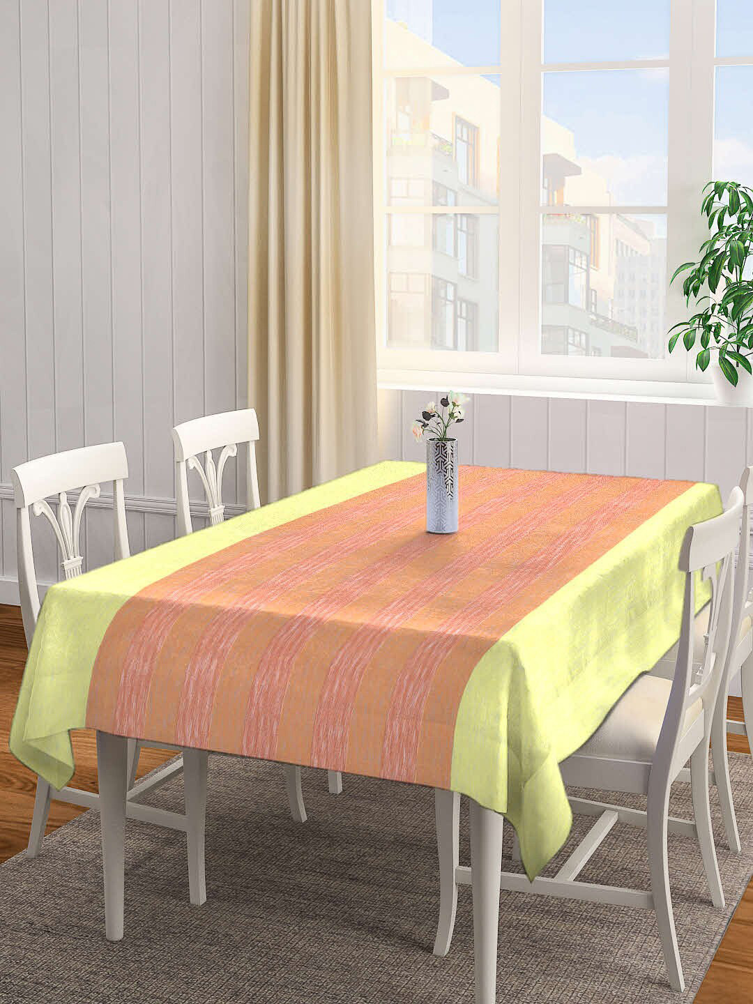 Arrabi Yellow & Orange Printed Handwoven 8-Seater Rectangle Table Cover