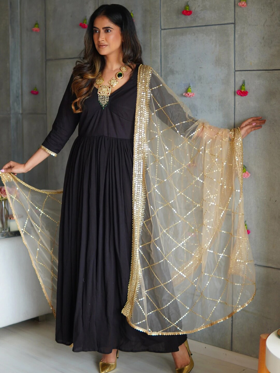 Ambraee Black Ethnic Maxi Dress with Dupatta