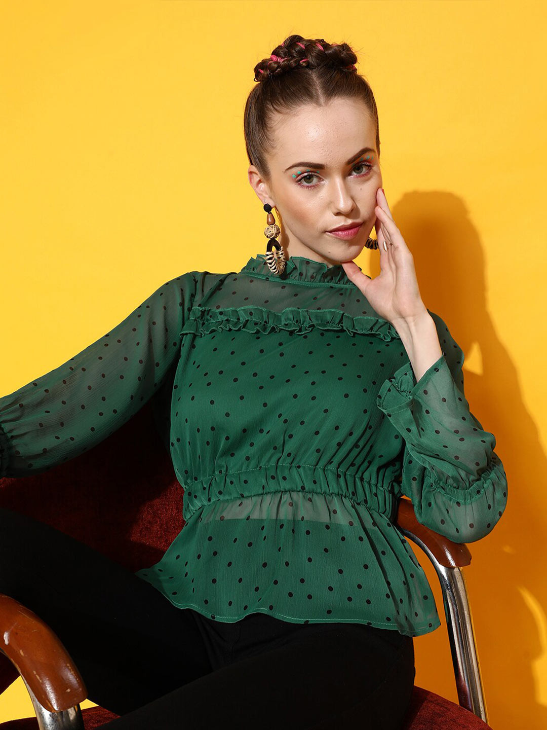 STREET 9 Stylish Green Polka Dotted Top