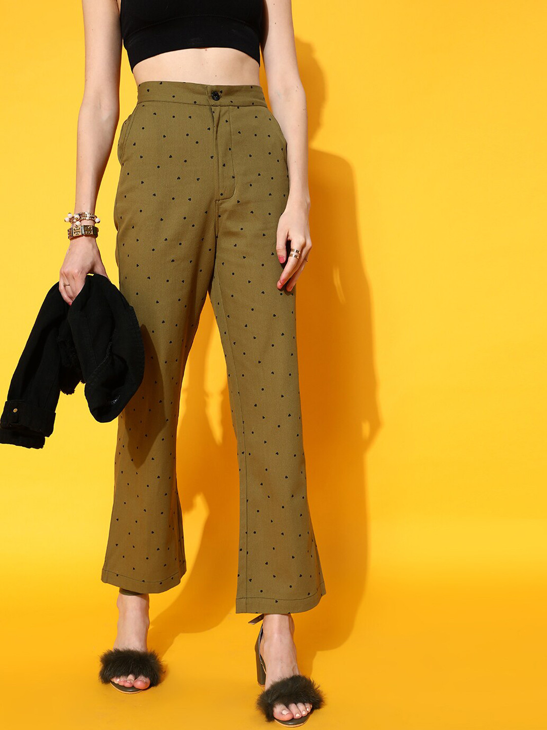 STREET 9 Women Olive Green Smart Flared High-Rise Trousers