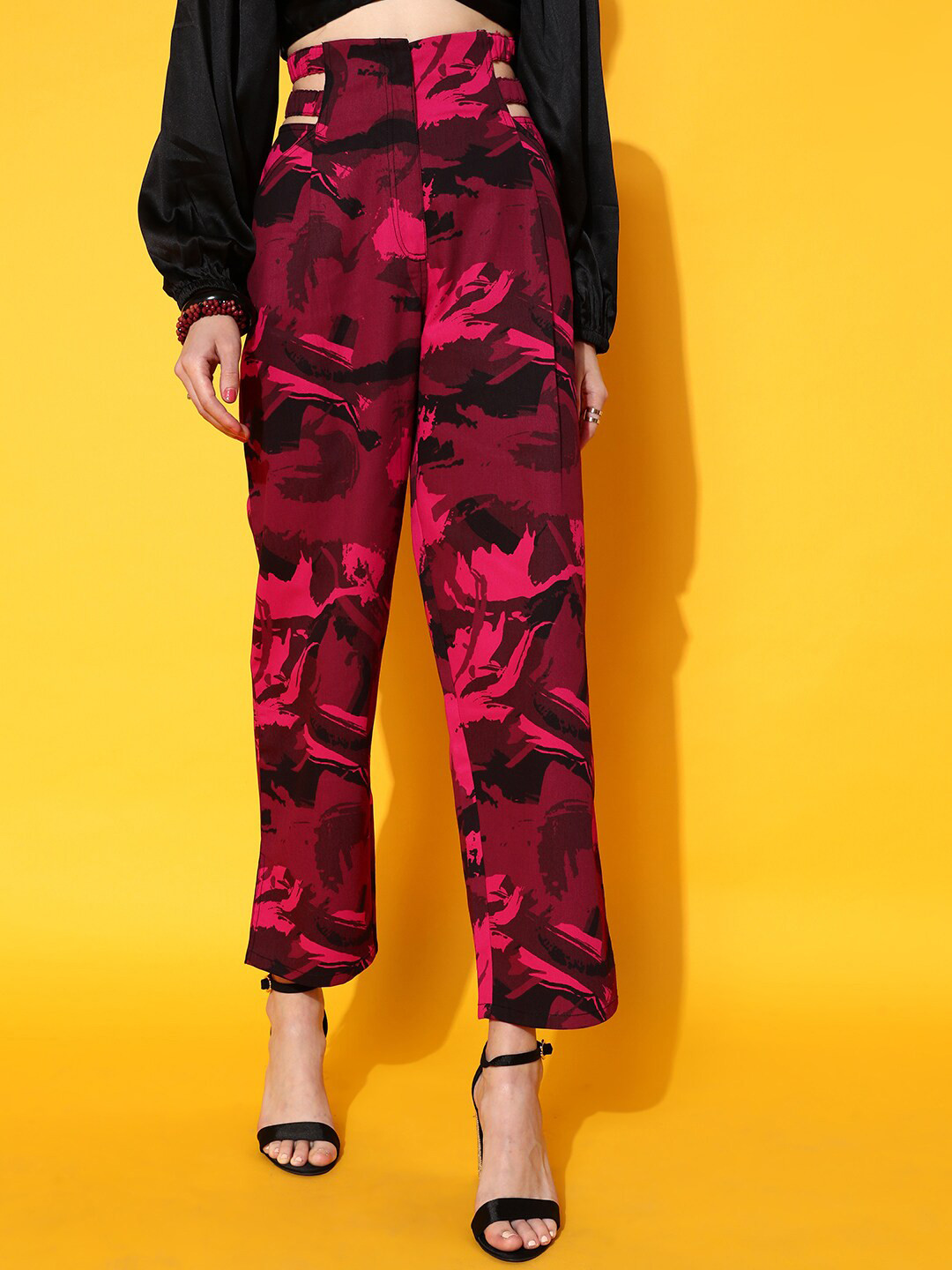 STREET 9 Women Maroon Abstract Smart Straight Fit High-Rise Trousers