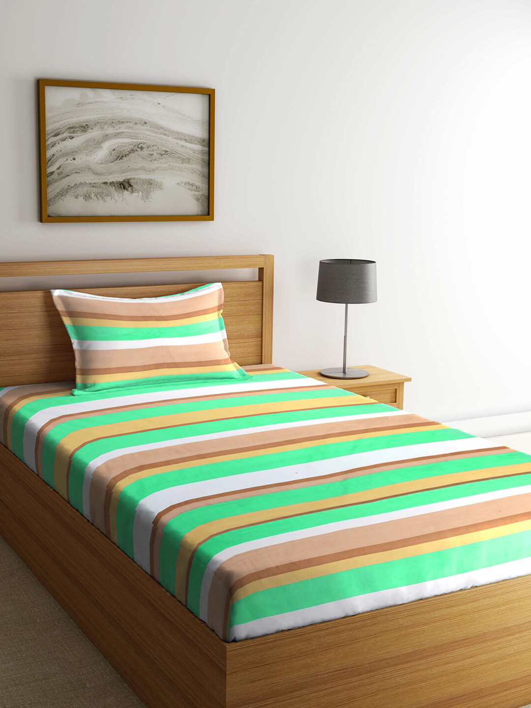 KLOTTHE Brown Striped Polycotton 300 TC Single Fine Bedsheet with a Pillow Cover-87 x 93 inches