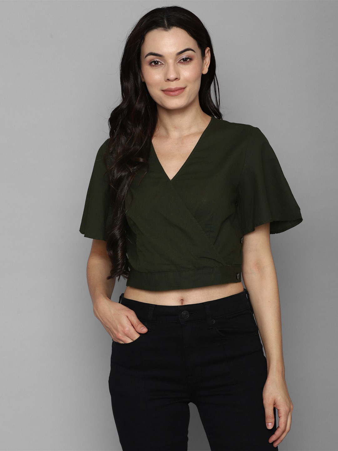 Allen Solly Woman Olive Green Wrap Crop Top