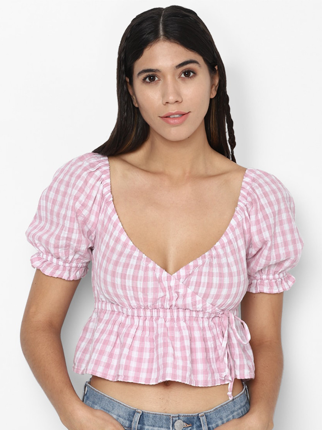 AMERICAN EAGLE OUTFITTERS Purple Checked Cinched Waist Crop Top