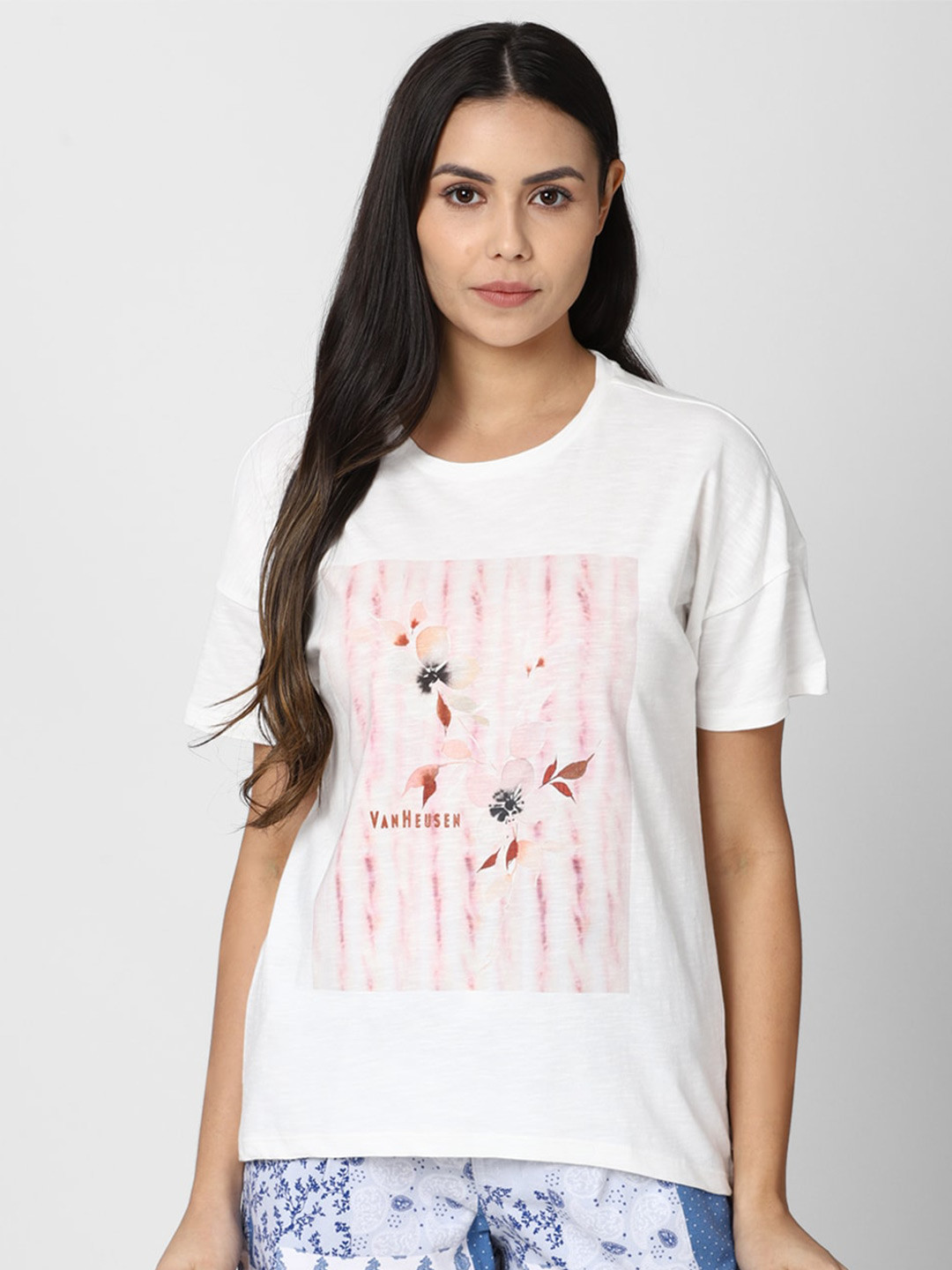 Van Heusen Woman White & Pink Print Top