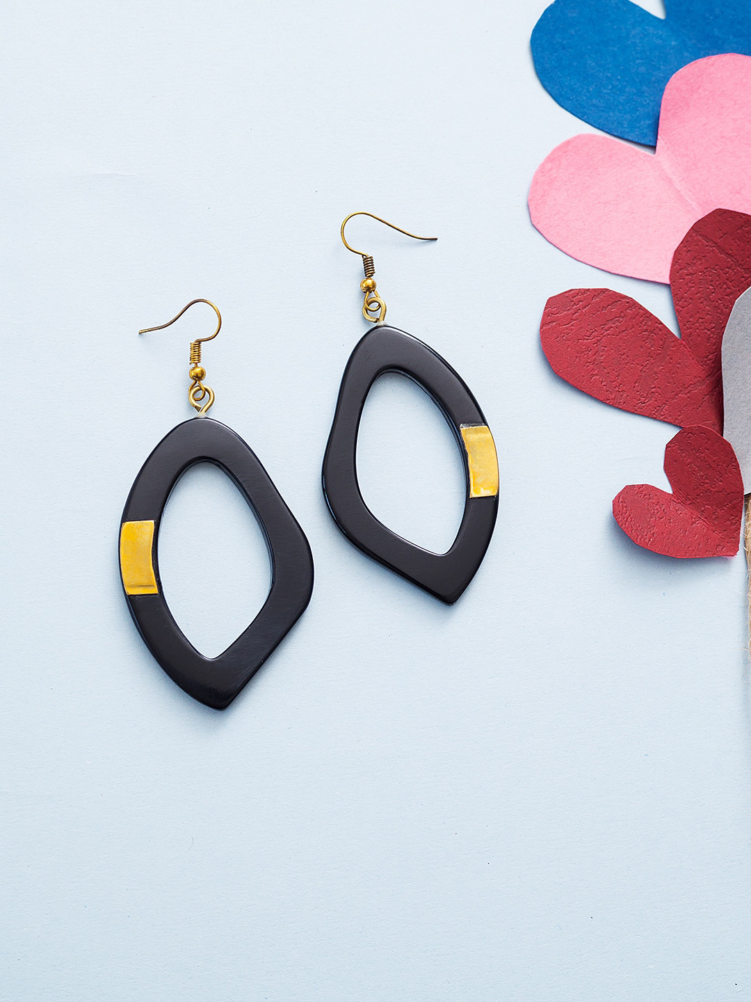 Golden Peacock Black Geometric Drop Earrings