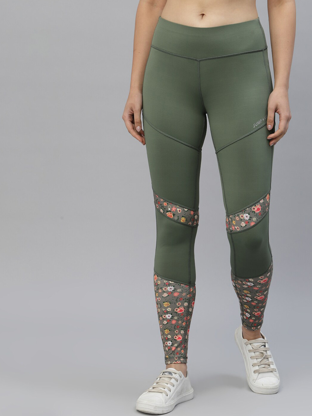 JUMP USA Women Green & Grey Printed Slim-Fit Tights