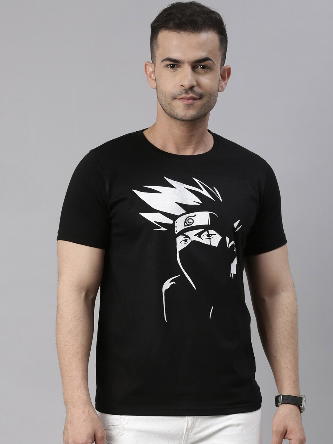 Bushirt Men Black & chinese black  Cotton  Naruto Printed Raw Edge T-shirt
