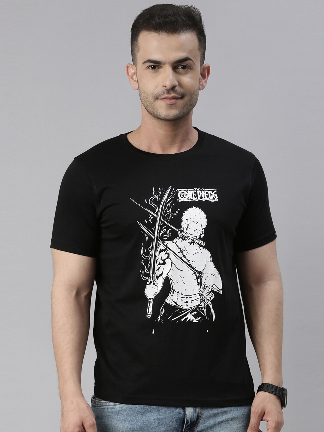 Bushirt Men Black Cotton  Printed  one piece Anime T-shirt