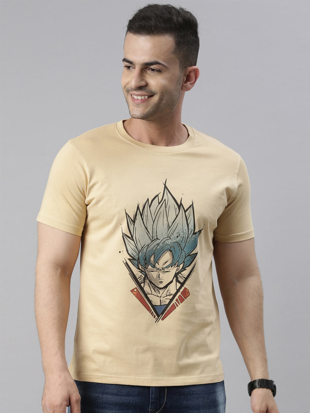 Bushirt Men Beige Dragon Ball Z Printed Cotton T-shirt