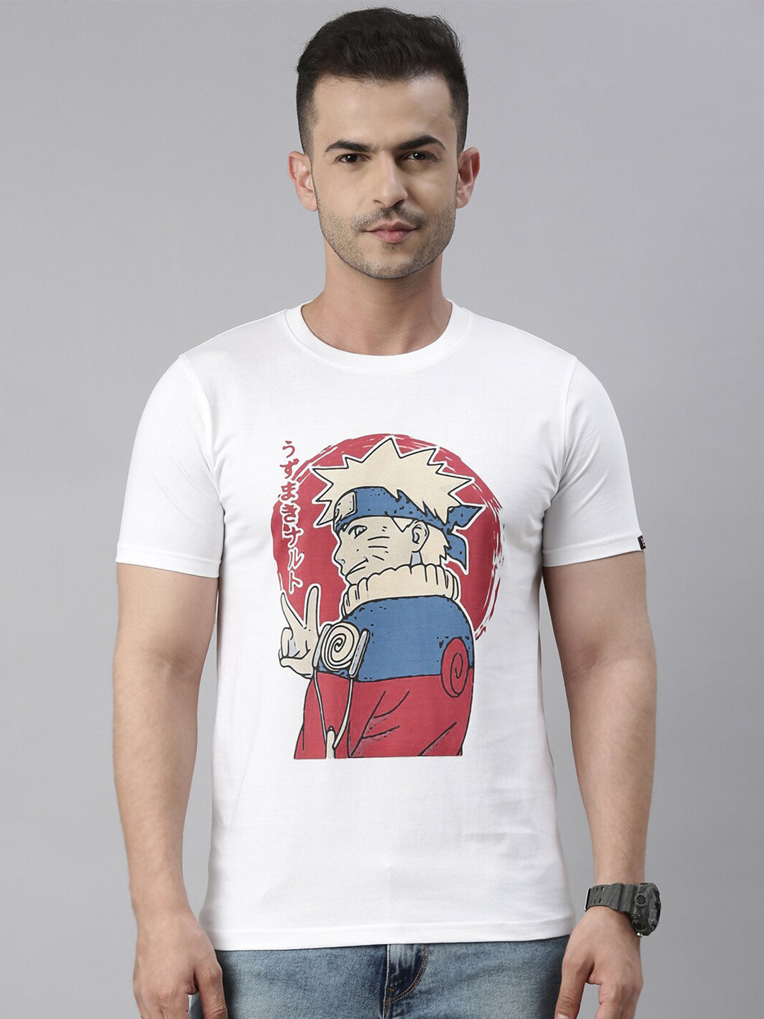 Bushirt Men White & magnolia  Cotton Printed Applique Anime T-shirt