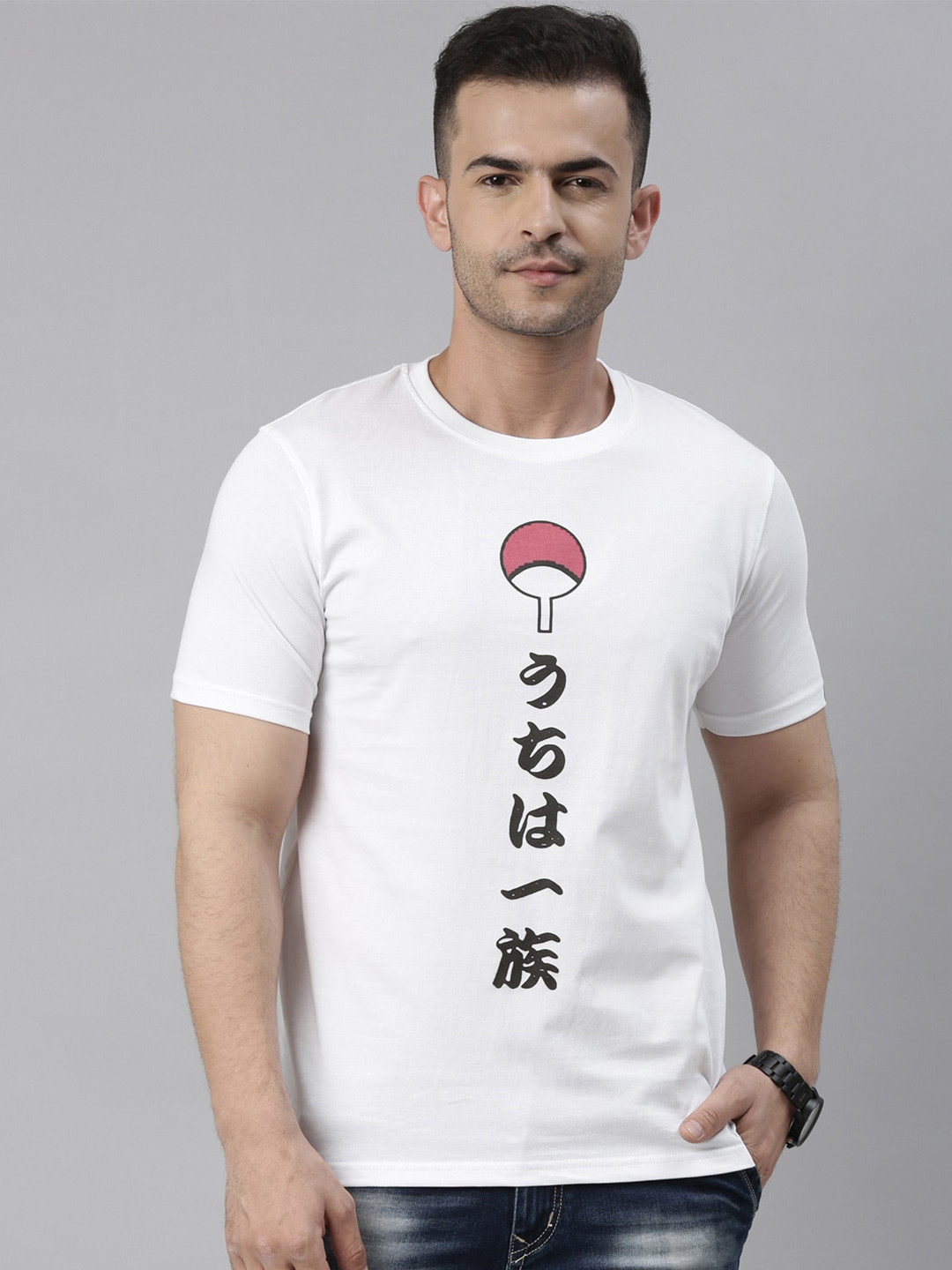 Bushirt Men White Cotton Typography Anime Printed Raw Edge T-shirt
