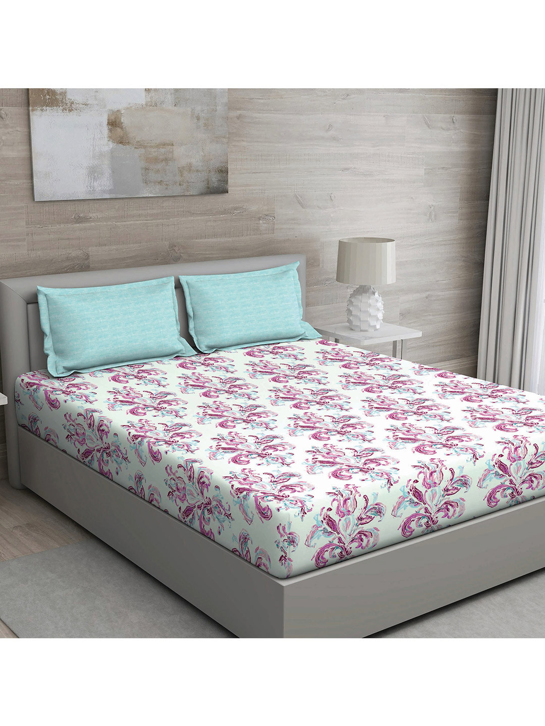 GM Matthiola Sea Green Floral Cotton 150 TC Queen Bedsheet with 2 Pillow Covers-274 x 228 cm