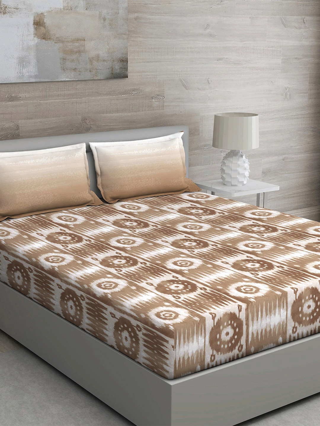 GM Brown Geometric Cotton 150 TC Fitted Queen Bedsheet with 2 Pillow Covers-90 x 108 inches