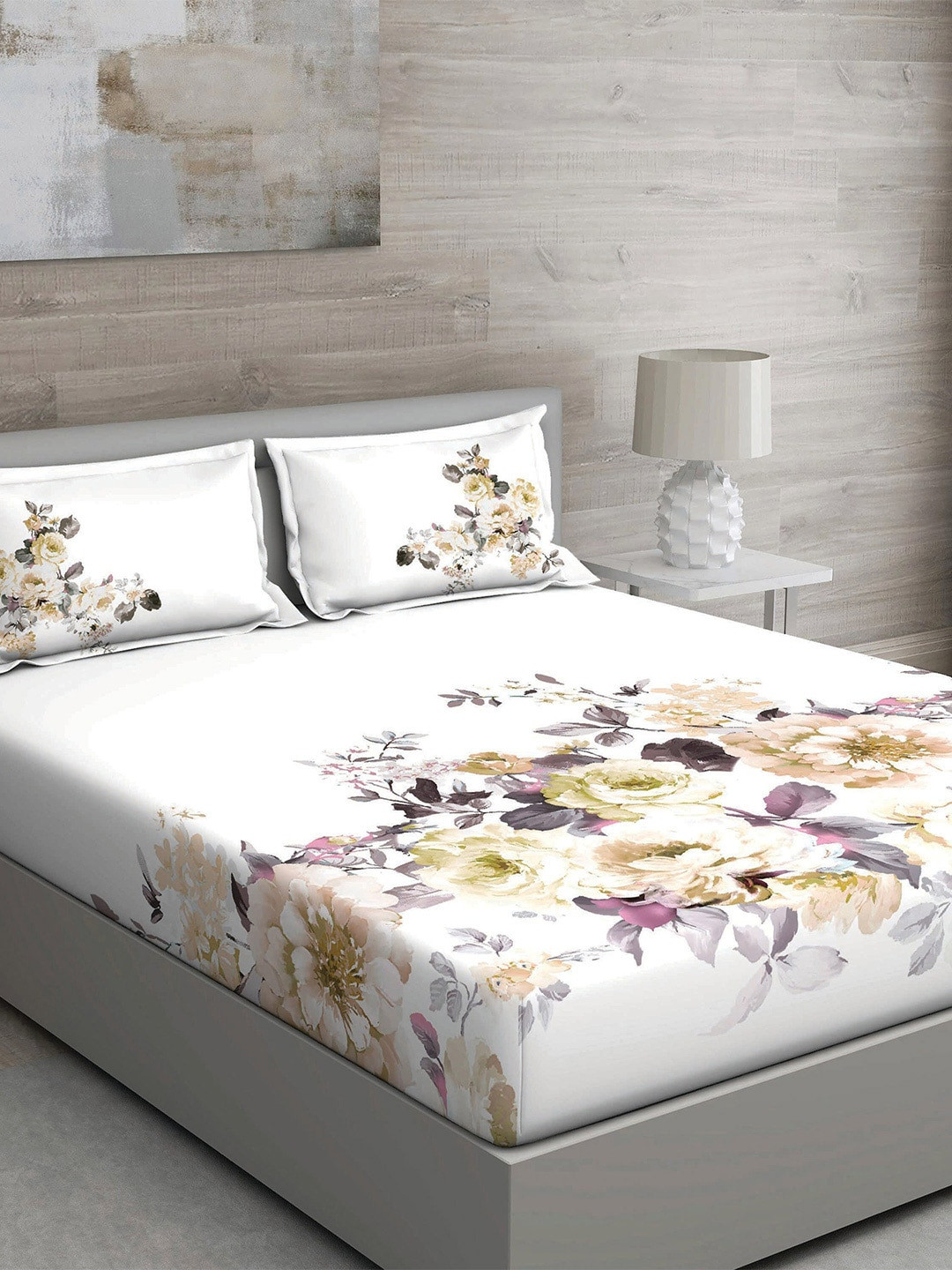 GM White & Grey 150 TC Queen Floral Cotton Bedsheet with 2 Pillow Covers